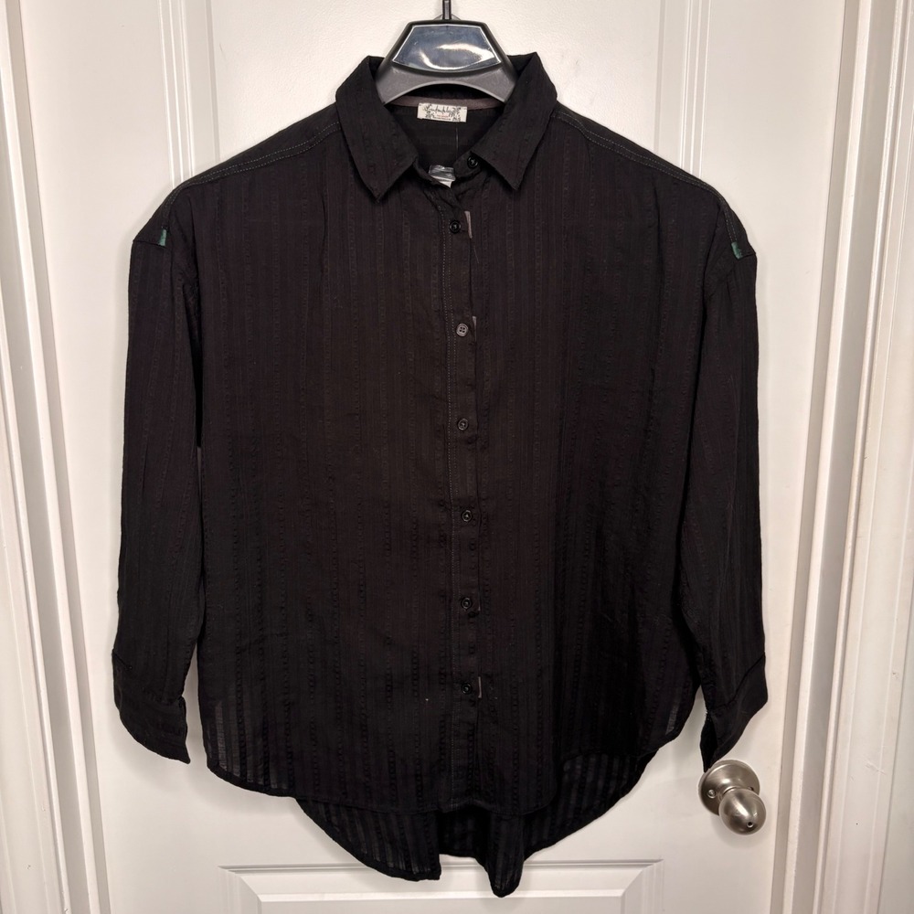 NEW Free‎ People Black Button Down Gauze Shirt Oversized Cotton Casual Goth XS